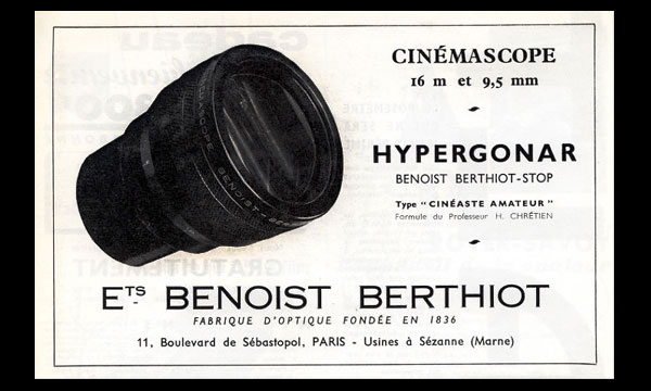 BENOIST-BERTHIOT & Cie débute la fabrication d’objectifs de cinéma et se spécialise dans les verres spéciaux
